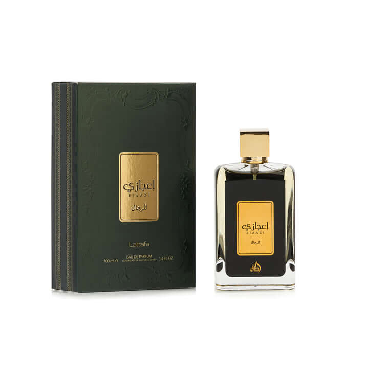 Lattafa Ejaazi Eau de Parfum 100ml bottle and box packaging showcasing elegance and sophistication.