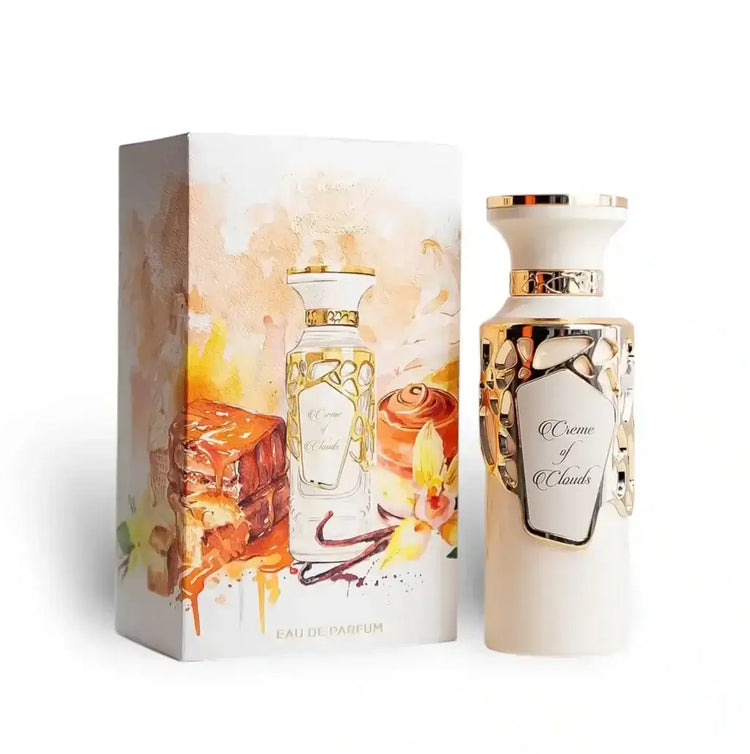 Fragrance World Creme of Clouds Eau de Parfum in decorative packaging with artistic design.