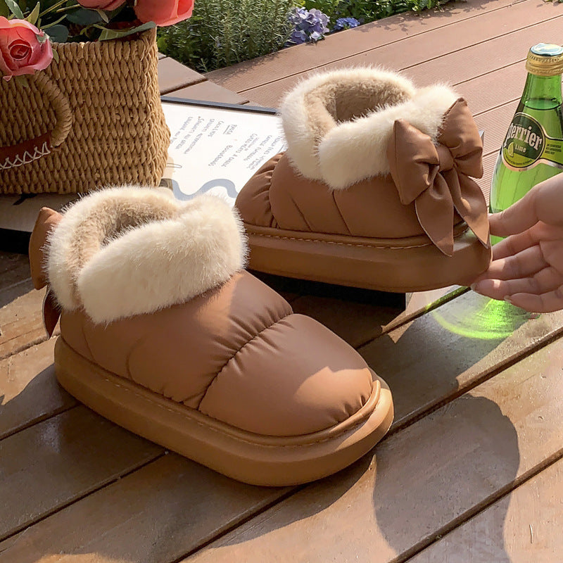 Winter Women Cute Warm Ankle Boots Outdoor Non-slip Thick Sole Snow Boots Furry Bow Cotton Shoes Men Pu Waterproof Plush Boots-4