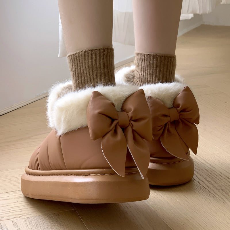 Winter Women Cute Warm Ankle Boots Outdoor Non-slip Thick Sole Snow Boots Furry Bow Cotton Shoes Men Pu Waterproof Plush Boots-2