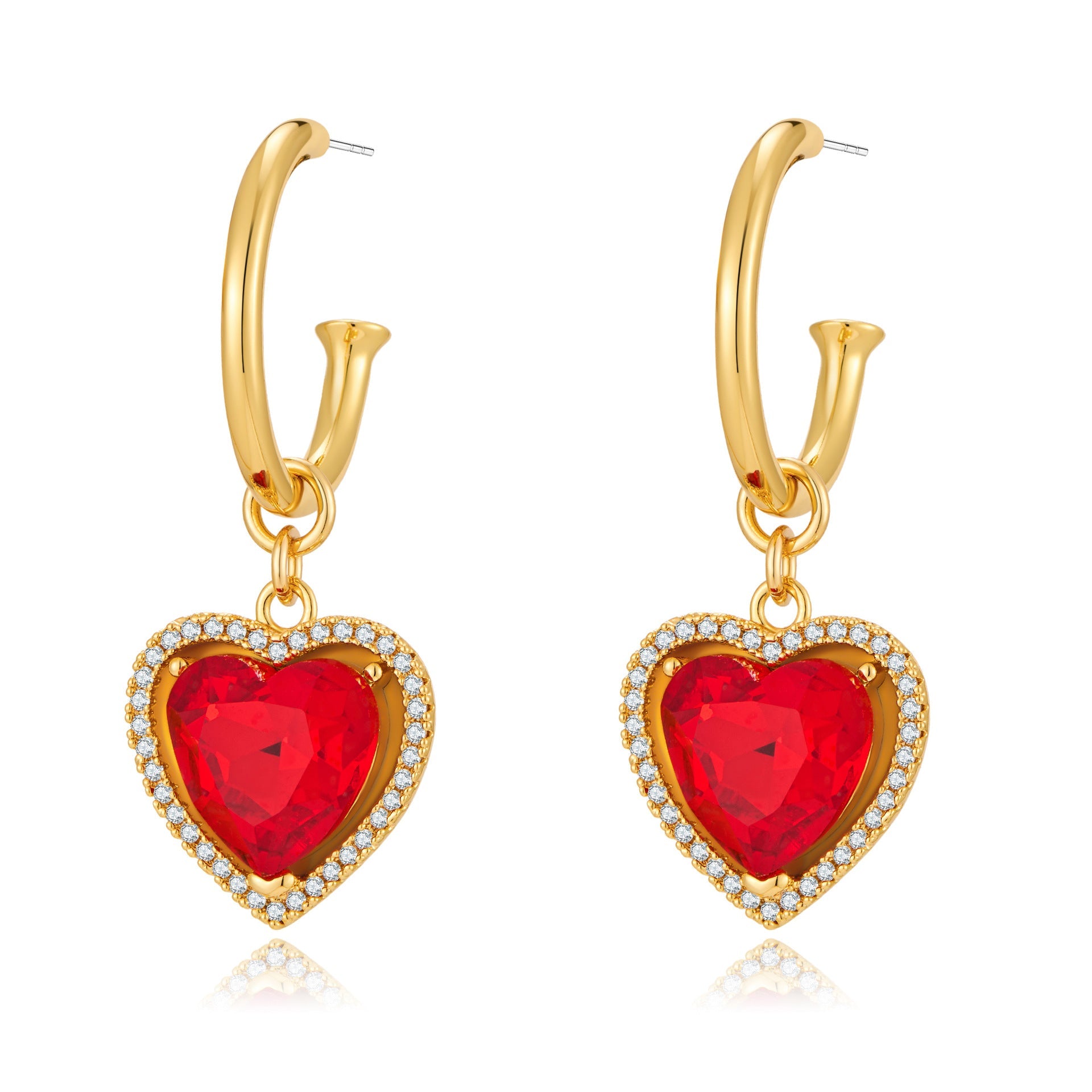 Light luxury retro red heart-shaped earrings, Herben-style noble lady's high-end and elegant ear rings, heart-shaped zircon earrings-4