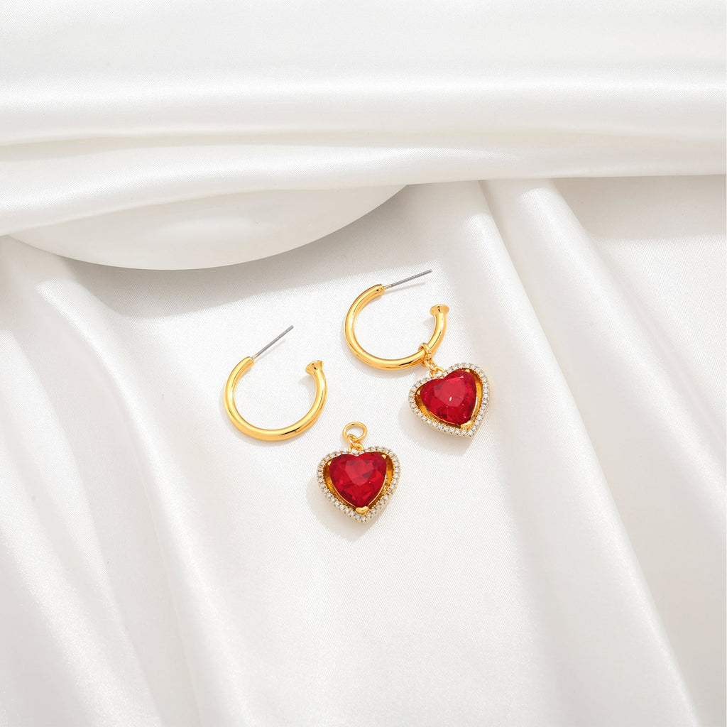 Light luxury retro red heart-shaped earrings, Herben-style noble lady's high-end and elegant ear rings, heart-shaped zircon earrings-2