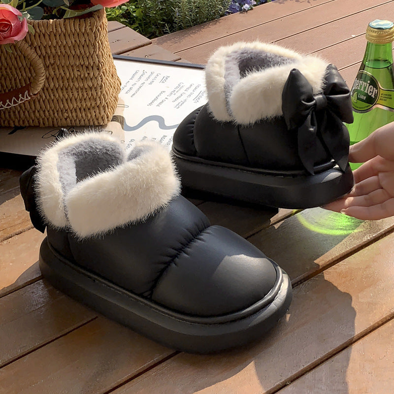 Winter Women Cute Warm Ankle Boots Outdoor Non-slip Thick Sole Snow Boots Furry Bow Cotton Shoes Men Pu Waterproof Plush Boots-6