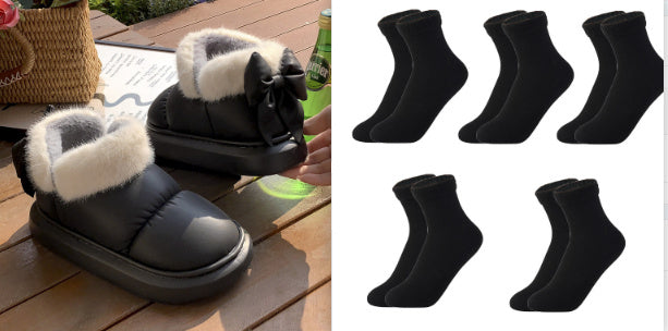 Winter Women Cute Warm Ankle Boots Outdoor Non-slip Thick Sole Snow Boots Furry Bow Cotton Shoes Men Pu Waterproof Plush Boots-5